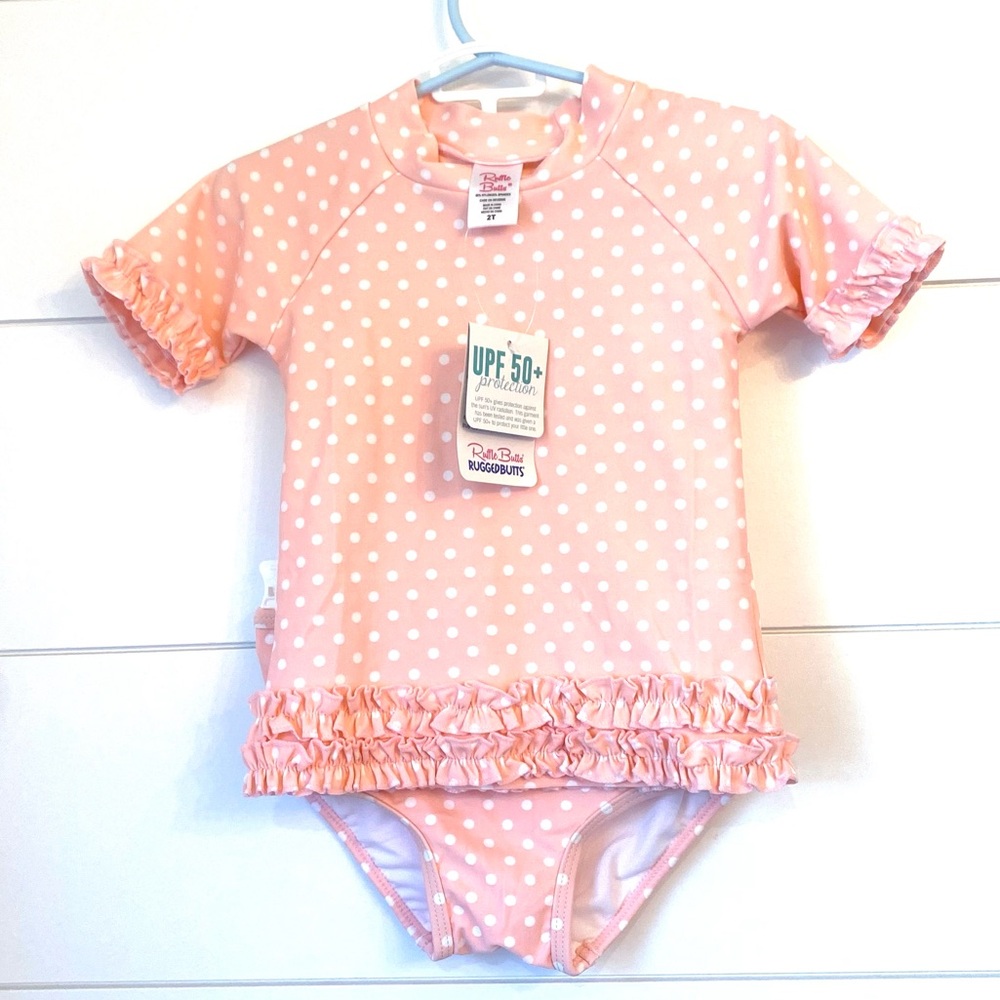 NWT Ruffle Butts Pink Polka Dot Kids Swim Set (2 T)